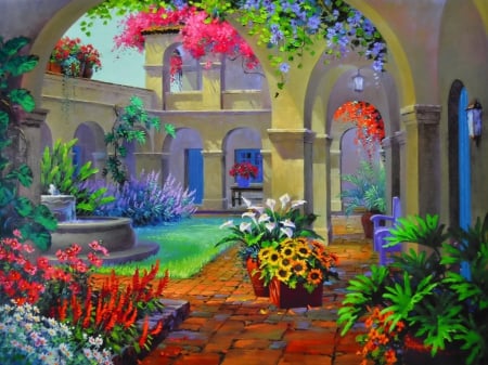 Archways - pretty, fountain, summer, beautiful, spring, lovely, freshness, flowers, archways, painting, garden, arch, lvoely, yard, nice, art