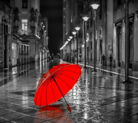 Red Umbrella - red umbrella, red and black, city, rainy day, two colors, place