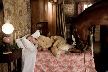 Cowgirl Celine Buckens - window, table, books, lamp, Celine Buckens, bedroom, War Horse, horse, bed, movie, nightstand