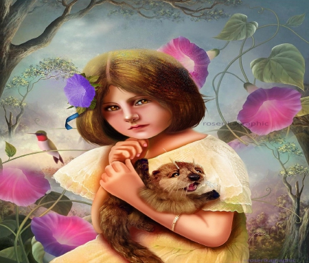 ~The Girl & The Raccoon Server~ - bird, people, creative pre-made, spring, raccoon, photomanipulation, flowers, seasons, softness beauty, beautiful, backgrounds, digital art, weird things people wear, lovely, girls, model, love four seasons, gardening, animals