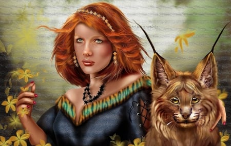 ~The Beautiful & Wild Cat~ - woman, photomanipulation, redhead, people, animals, fantasy, spring, model, creative pre-made, digital art, softness beauty, wild cat, lady, lovely, love four seasons, weird things people wear, beautiful, backgrounds, seasons, colors