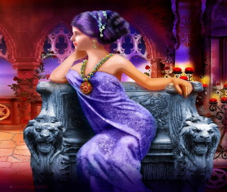 ~Gothic Lady in Purple~ - woman, photomanipulation, roses, people, candles, gothic, model, creative pre-made, purple, digital art, purple world, lady, lovely, charm, love four seasons, weird things people wear, beautiful, backgrounds, colors