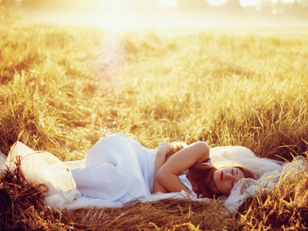 Golden Hour - women, field, wedding dress, sun