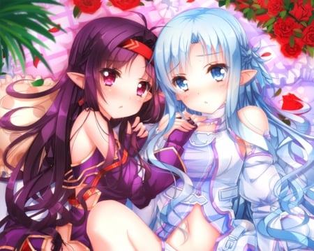 Konno x Asuna - yuuki konno, nice, female, roses, hot, anime girl, sao, pretty, yuuki, petals, anime, yuuki asuna, sword art online, cute, sexy, asuna, girl, elfs, long hair, purple hair, konno yuuki, gown, lovely, alfheim online, blue hair, kawaii, floral, sweet, asuna yuuki, konno, dress, flower