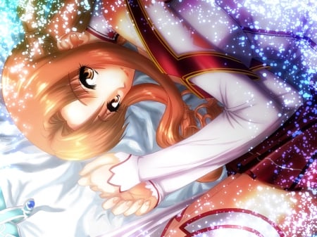 Yuuki Asuna - beauty, nice, female, anime girl, sao, brown hair, laying, sparks, pretty, anime, sword art online, lying, girl, long hair, lay, lovely, hd, glow, abstract, beautiful, sweet