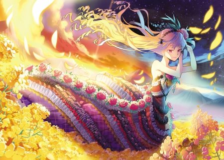 Pretty Flowers - hot, sunset, anime girl, elegant, florals, blond hair, blonde hair, petals, sexy, lady, mountain, scenic, light, long hair, divine, floral, beautiful, sweet, sunrise, dress, beauty, nice, sky, female, blond, windy, gorgeous, pretty, cloud, anime, cute, scene, maiden, girl, gown, lovely, hd, kawaii, sublime, scenery, flowers, breeze, flower, blonde