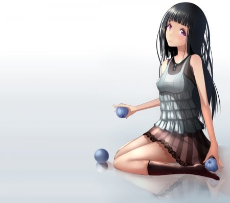 Blue Balls - pretty, anime, kawaii, female, long hair, emotional, plain, hd, nice, miniskirt, anime girl, skirt, serious, balls, girl, simple, lovely, sweet, blouse, black hair