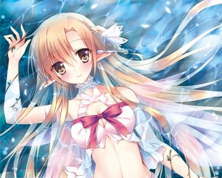 Queen Titania - nice, female, hot, brown eyes, water, anime girl, sao, brown hair, laying, queen titania, pretty, yuuki, anime, yuuki asuna, ribbon, sword art online, cute, sexy, lying, asuna, girl, titania, long hair, wet, lay, lovely, kawaii, sweet, asuna yuuki