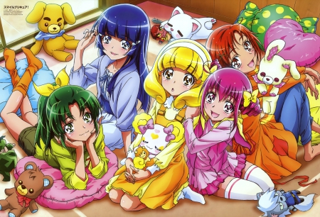 Smile PreCure - nice, beauty, female, pretty cure, anime girl, precure, laying, pretty, anime, team, girl, magical girl, long hair, lay, gown, lovely, hd, kawaii, beautiful, sweet, smile, group, dress, happy, friend