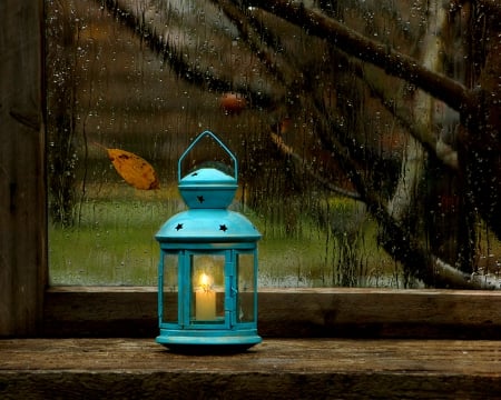 Rainy Day - autumn, rain, autumn leaves, nature, fall, window, lantern, splendor, leaves, rainy, drops