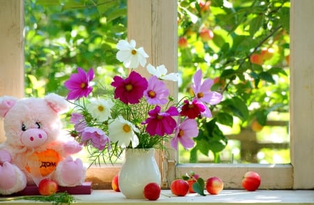 Still Life - fruits, toy, still life, vase, spring, with love, nature, window, spring time, flowers, drops