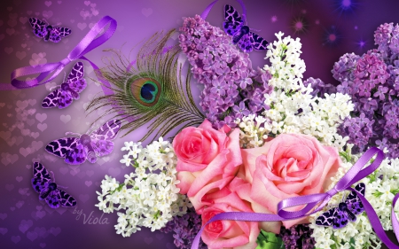 Lilacs and Roses - Viola Tricolor, roses, butterflies, feather, spring, lilacs, purple, design, vilet, creation, bow, peacock feather, art, hearts