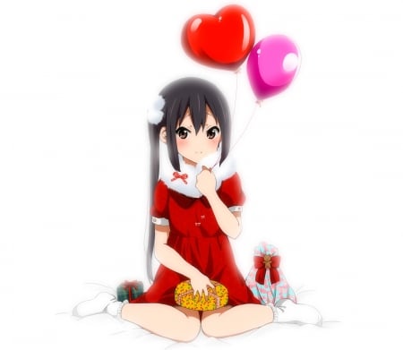 Azusa - nakano azusa, cute, plain, happy, anime girl, girl, christmas, white, present, red, simple, pretty, kawaii, sweet, azusa nakano, anime, ballon, kon, k-on, long hair, merry christmas, nice, gift, lovely, azusa, smile, black hair, female