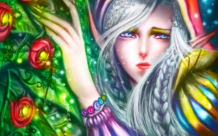 Elf girl - red, flower, pink, elf, girl, art, princess, woman, green