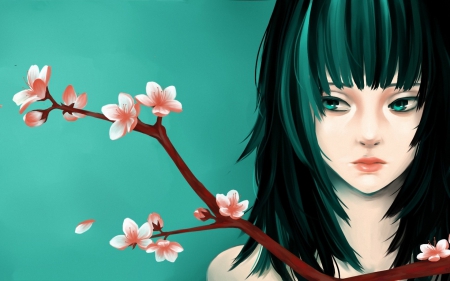 Spring - flower, pink, spring, girl, vector, art, cherry blossom, branch, green