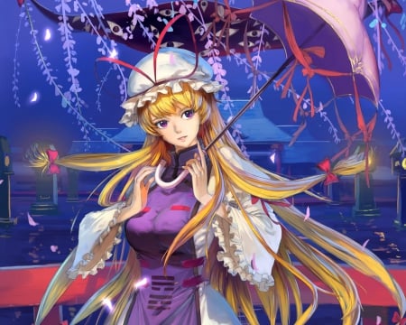 Yakumo Yukari - gown, blond hair, beautiful, blonde, hot, anime girl, girl, umbrella, elegant, blond, fantasy, blonde hair, gorgeous, yakumo yukari, touhou, pretty, beauty, sweet, anime, hd, dress, long hair, nice, lovely, sexy, female