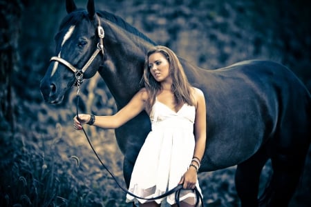 BEAUTIFUL COWGIRL WITH FRIEND - water, horse, cowgirl, dress