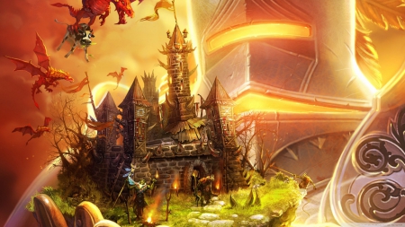 castle and dragons - beauty, and, yellow, dragons, castle, dragon, castles, fantasy