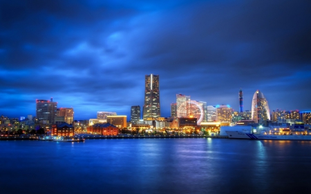 Yokohama - japan, scenery, skyscrapers, yokohama, city, night, ocean, japanese