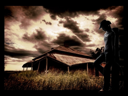 Cowgirl At Heart - storm, hat, clouds, house, stormy, grass, cowgirl, rope, sky, building