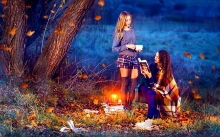 GIRLS  NIGHT OUT - girls, autumn, forest, dark, mountain, lanterns, leaves, meadow