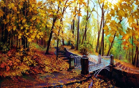 Autumn Park - path, trees, leaves, bridge