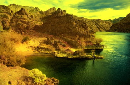 White Rock Canyon, Arizona - cliff, cove, rocks, morning view, water, river, desert