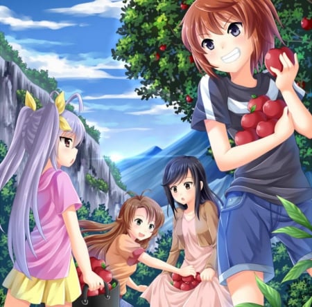 Apple Tree - anime, kawaii, female, scenery, harvest, scene, team, happy, group, fruit, nice, sky, anime girl, beautiful, girl, scenic, beauty, lovely, friend, sweet, smile, nature, cloud, cute, apple