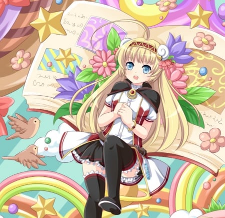 Dream Land - pretty, bird, anime, kawaii, female, book, blonde, blond hair, long hair, happy, blond, nice, anime girl, laying, skirt, beautiful, girl, blonde hair, beauty, lovely, sweet, smile, blouse, cute, lay