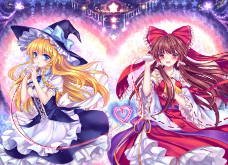 Confessions - anime, female, dress, blonde, reimu hakurei, blond hair, long hair, touhou, blond, ribbon, hd, reimu, kirisame marisa, hakurei reimu, gown, anime girl, girl, blonde hair, telephone, brown hair, marisa