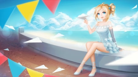 Paper Plane - pretty, anime, kawaii, female, scenery, scene, maiden, paper plain, dress, blonde, blond hair, happy, short hair, origami, blond, hd, nice, sky, anime girl, beautiful, girl, blonde hair, beauty, lovely, sweet, smile, lady, cloud, cute