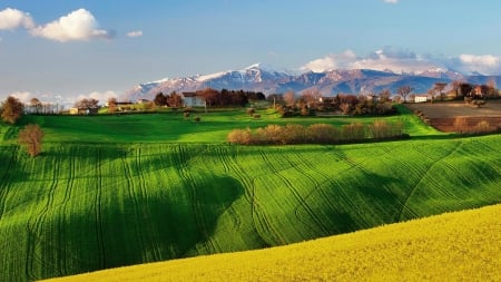 beautiful green fields in northern italy - mountains, village, hills, fields, green