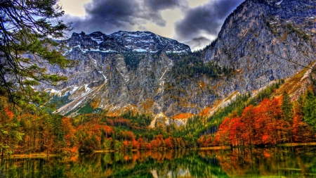 traunsee lake in austria at autumn hdr - autumn, lake, mountain, forest, clouds, mountains, hdr