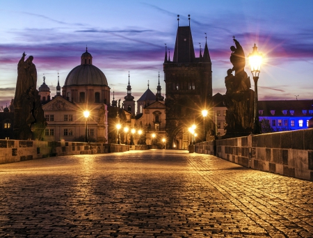 Prague, Charles Bridge - sky, evening, czech, tower, lights