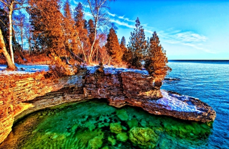 A Sunny Winter Day At The Lake - lake, trees, winter, crystal waters, snow, blue, beautiful, green, shoreline lake