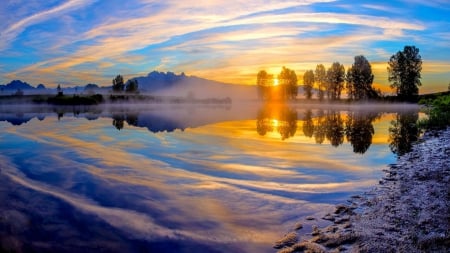 alouette river in canada at sunrise - reflection, river, fog, trees, sunrise