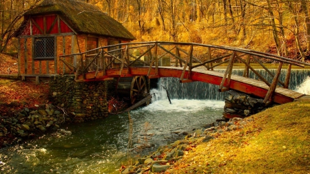 bridge to a watermill - autumn, river, waterfalls, bridge, mill