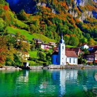 church in a lakefront village