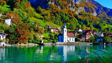 church in a lakefront village - village, lake, mountain, trees, church