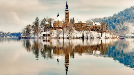 church on a lake island in winter - lake, winter, reflection, island, trees, church