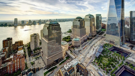 view of hallowed ground in new york city hdr - streets, river, skyscrapers, city, memorial, hdr