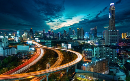 Nights Of Bangkok - clouds, city lights, night, buildings, parks, Thailand, skies, skyscrapers, highways