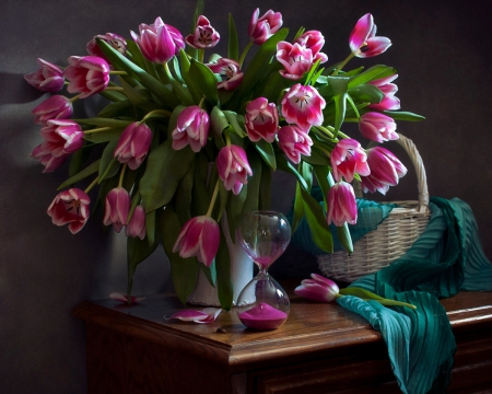 Still Life - vase, pink tulips, with love, still life, tulip, flowers, basket, tulips, nature