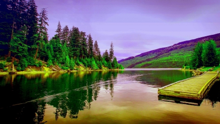 ramp in a lovely river under purple sky - sky, purple, forest, ramp, river