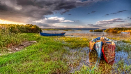 boats tied up in grassy waters hdr - clouds, boats, rugs, hdr, lake, grass