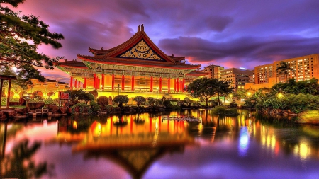 oriental palace hdr - oriental, lights, hdr, palace, lake, reflection