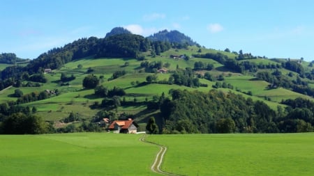 farms on a hill - hill, fields, farmas, road, mountain