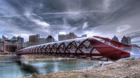 beautiful peace bridge in calgary canada hdr - river, clouds, city, hdr, bridge, pedestrian