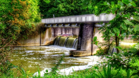 bridge over river falls hdr - trees, falls, river, hdr, bridge