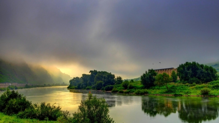 river scene on a foggy day - ruins, river, fog, shore, hdr